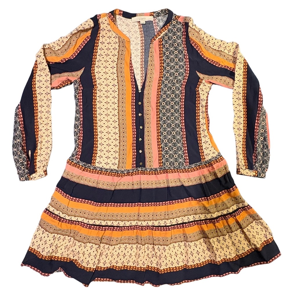 LOFT Multi Color Geometric Patchwork Drop Waist Mini Dress Navy Orange XS